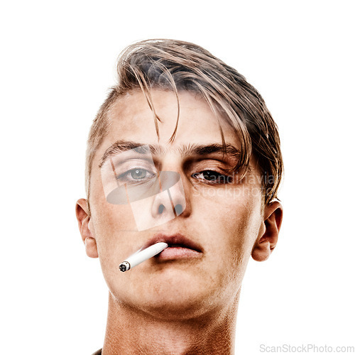 Image of Portrait, studio or man smoking a cigarette for stress, toxic addiction or unhealthy habit to relax. Dangerous, smoker or serious male person in Germany to inhale tobacco on white background alone