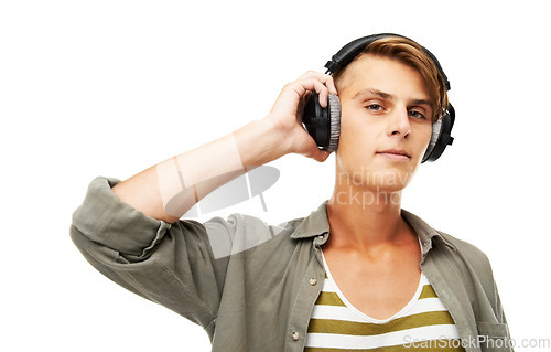 Image of Man, DJ and portrait with headphones for music, audio streaming, event or party against a studio background. Young male person or sound artist with headset for podcast, beats or radio track on mockup