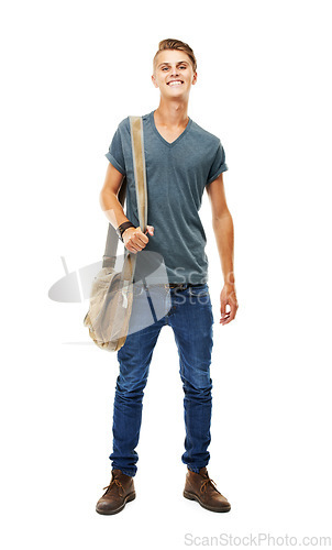 Image of University, education or portrait of student or happy man with backpack ready for learning or studying. Scholarship, smile and excited male college person from Germany isolated on a white background