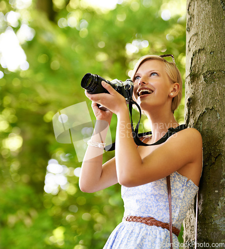 Image of Happy, woman and photography in nature with trees, camera and vacation in environment. Forest, park and girl filming with natural happiness outdoor on summer holiday, trip or travel with technology