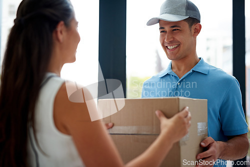 Image of Front door, delivery guy or box of a happy customer for ecommerce distribution or online shopping. Shipping services, home or friendly courier man giving cardboard parcel, product or package to woman