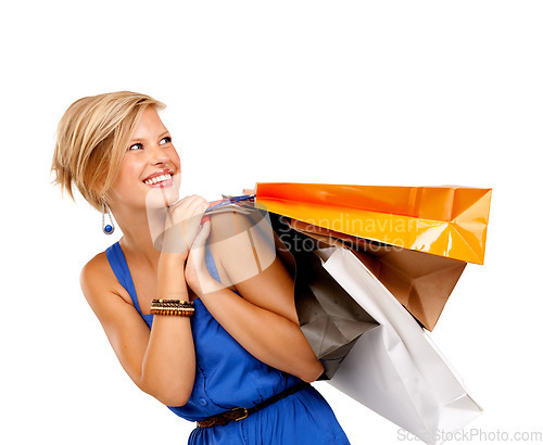 Image of Woman, shopping bag and thinking of retail discount, sale and fashion giveaway or clothes inspiration on a white background. Happy customer or person with gift ideas, boutique and commerce in studio