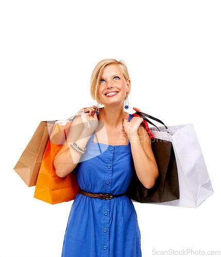 Image of Happy woman, shopping bag and thinking of retail discount, sale and giveaway or fashion choice on white background. Customer or excited shopper with ideas, clothes decision or commerce loan in studio