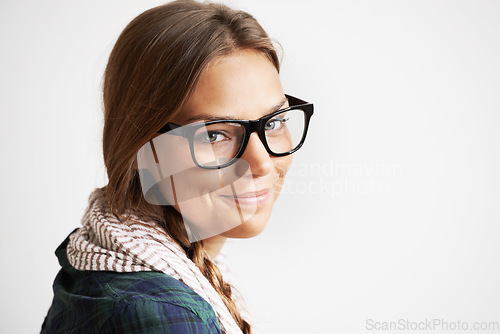 Image of Portrait, smile and woman in glasses for fashion in studio isolated on a white background mockup. Face, eyewear and happy girl, model and attractive person in style, cool and vision in Switzerland