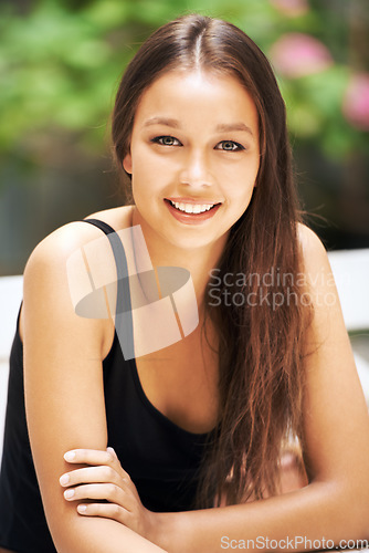 Image of Portrait, smile and woman relax at garden on holiday, vacation and summer travel on trip for freedom. Face, happy person and girl at park, nature or outdoor for beauty, health and wellness in Spain