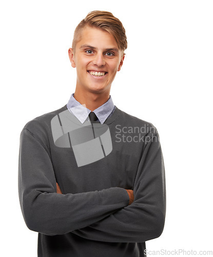 Image of Portrait, business and man with arms crossed, consultant and confident guy isolated on a white studio background. Face, person and employee with startup, entrepreneur and smile with agent and worker