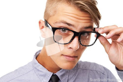 Image of Spectacles, vision and portrait of man in a studio with confused, doubt or squinting facial expression. Optometry, health and young male person with glasses or eyewear isolated by white background.