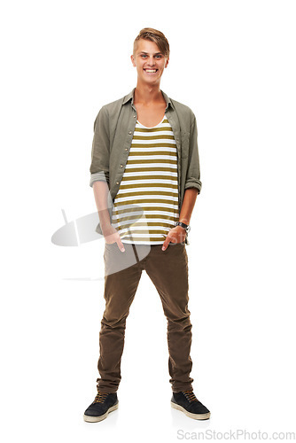 Image of Happy man, portrait and standing in casual fashion isolated against a white studio background. Young, handsome or attractive male person or model smile with hands in pocket for stylish clothing