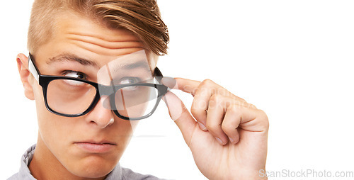 Image of Glasses, question and young man in a studio with confused, doubt or decision facial expression. Optometry, guess and male person from Canada with spectacles or eyewear isolated by white background.