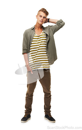 Image of Man, portrait and body standing in fashion isolated against a white studio background. Young, handsome or attractive male person or model posing with hand in pocket for casual or stylish clothing