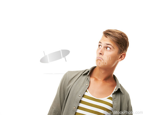 Image of Mockup, wow and shocked man in studio with surprise announcement, news or promo on white background. Space, face and male model with unexpected info, giveaway or review, deal or competition results