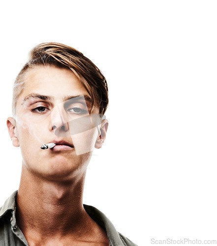 Image of Portrait, face and man smoking cigarette isolated against a white studio background. Cool, attractive or handsome male person, model or smoker chilling or having a casual smoke on mockup space