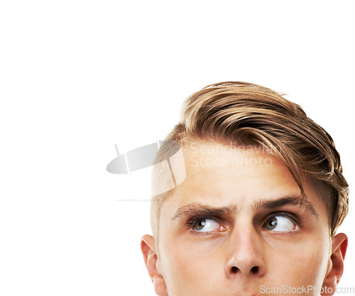 Image of Young man, head and thinking or looking up on mockup isolated against a white studio background. Cropped face of handsome male person, hipster or model in wonder or thought for ideas or solution