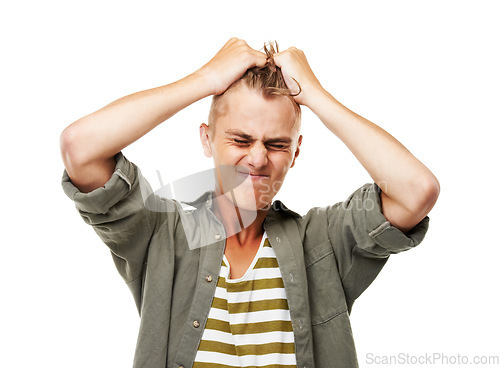 Image of Frustrated, man and pulling hair in anger, stress or anxiety for mistake, fail or crisis in college. Studio, university student and angry from loss of work, burnout or disaster in white background