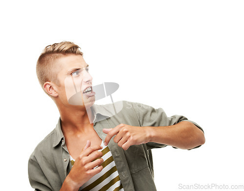 Image of Anger, frustrated and a man on a white background with fear, scared and horror expression. Mockup, anxiety and a person looking for danger, nightmare or disgust on a studio backdrop with space