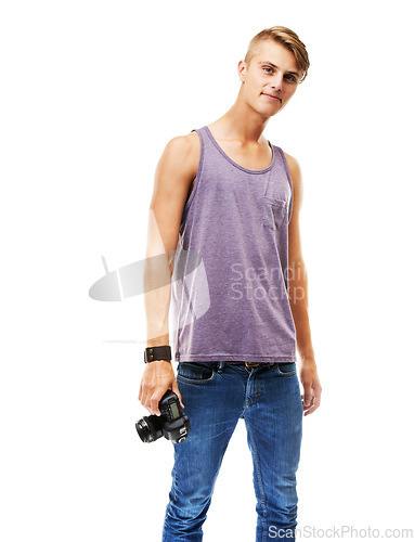 Image of Photographer, portrait or man with camera isolated on white background for creative artist job or talent. Photography, studio or cool male person with hobby, hipster style or picture for photoshoot