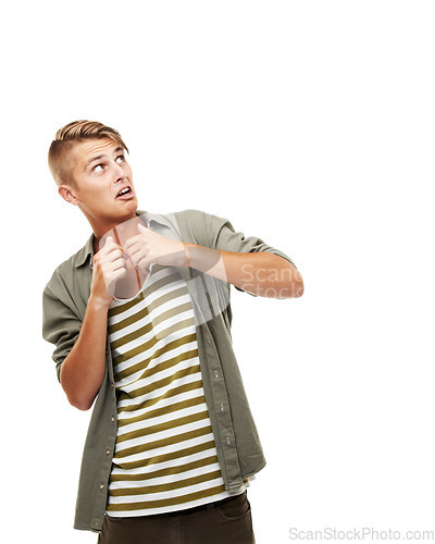 Image of Fear, looking and a man on a white background with mockup for horror, scared and alarm. Young, expression and a person or guy with danger, terrified or afraid of spooky space on a studio backdrop