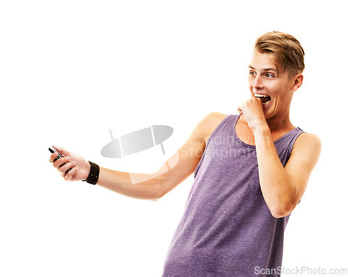 Image of Man, phone and biting hand in studio for message, notification or internet text on white background with surprise. Person, smartphone and nervous for social media, technology and email with network
