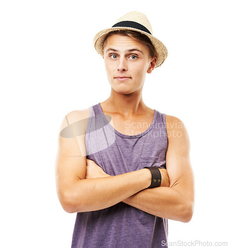 Image of Fashion, portrait and a man with arms crossed on a white background with pride and confidence. Looking, face and a guy or person with an expression, cool and stylish with fashionable clothes