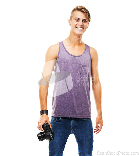 Image of Paparazzi, photographer and portrait with a camera in studio, space and white background. Digital, photography and man with confidence, pride and happy with creative work with videography or model