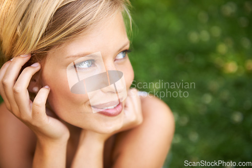 Image of Thinking, outdoor and woman with nature, smile and fresh air with ideas, daydreaming and summer. Park, person and girl with wonder, choice and calm with peace, grass and environment with decision