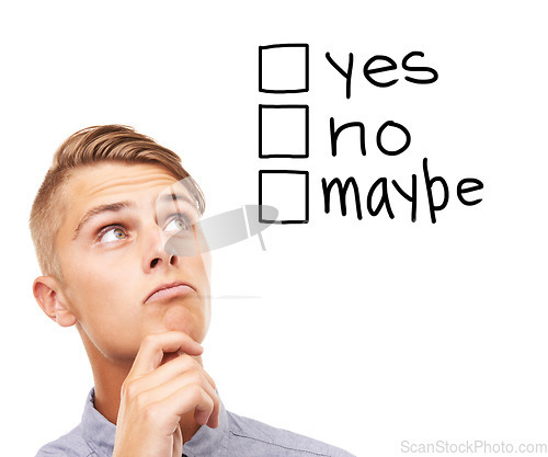 Image of Man, face and thinking in decision for yes, no or maybe isolated against a white studio background. Young male person in wonder, thought or idea for selection choice or checkbox icons on mockup space