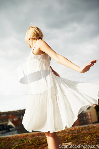 Image of Dance, countryside and a woman for ballet in summer, freedom and happy on a rooftop. Nature, retro and a young girl or dancer in a field or nature for moving, carefree and pride as a ballerina