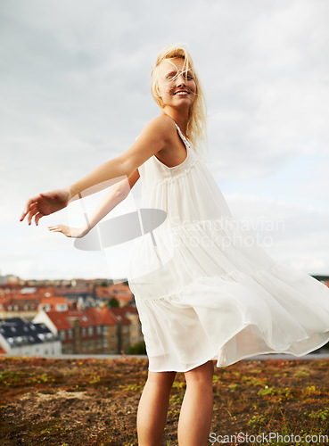 Image of Woman, happy and dancing on holiday, summer and outdoor for vacation, smiling and city. Freedom, dancer and urban area for break, getaway and carefree on trip, countryside and amsterdam spring time