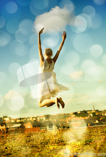 Image of Woman, jumping and freedom with back, vacation, and outdoor for holiday, bokeh and city. Confident, energy and urban area for break, getaway and carefree with sky, barefoot and amsterdam spring time