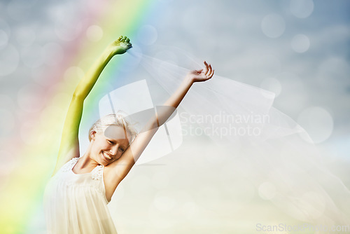 Image of Portrait, rainbow and dance with a woman on bokeh for freedom, energy or to relax in the wind and fresh air. Sky, space and a happy young person feeling carefree while moving in rhythm during summer