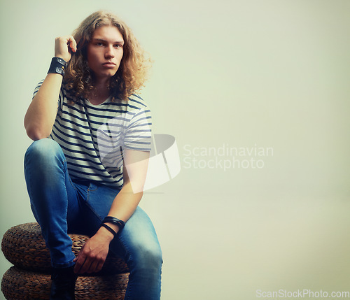 Image of Tshirt, jeans and portrait of man in fashion mockup, space or studio background with college student. Casual, style and person with indie, hipster or stylish at university campus and backdrop