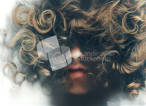 Image of Person, hair and beauty in closeup from bottom view for portrait in studio on white background. Male model, curls or natural with care, style and healthy growth with cosmetic, keratin and treatment