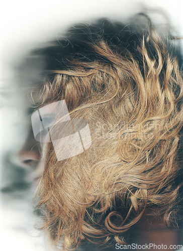 Image of Hair, care and closeup of man with damaged hairstyle in barber, studio or salon. Split ends, haircut and person at the hairdresser for treatment with messy, frizz and knot in long wavy strands