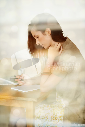 Image of Woman, thinking and writing in journal by desk, coffee shop and creative inspiration in gen z style. Young, student and mindfulness by notebook with pen, planning and textbook with brainstorming