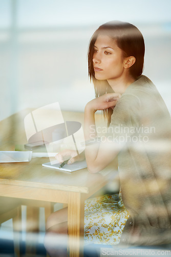 Image of Young, woman and thinking by journal on desk, coffee shop and creative inspiration in gen z style. Student, mindset and learning with notebook by pen, mindfulness and window with brainstorming