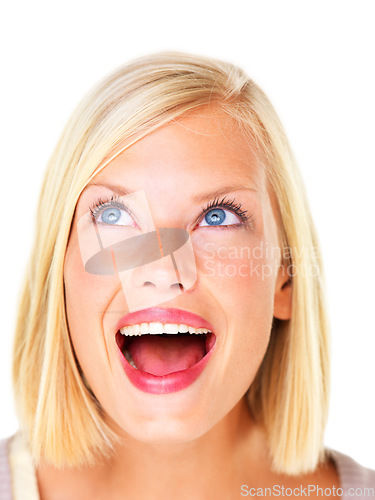 Image of Woman, face and wow with smile for surprise, announcement and notification in studio on white background. Person, lady and shocked for winner, discount or fashion deal with success and achievement