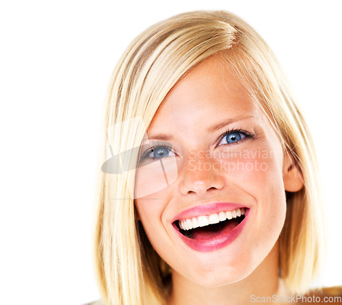Image of Portrait, woman and happy with beauty for skincare, facial treatment and natural glow in studio on mock up space. Face, person and smile for cosmetic, wellness and self care on white background