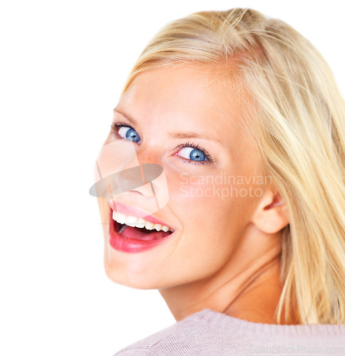 Image of Portrait, woman and excited with beauty for skincare, facial treatment and natural glow in studio on mock up space. Face, person and happiness for cosmetic, wellness and self care on white background