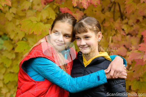 Image of Close-up portrait of two girls of Slavic appearance in casual autumn clothes against the backdrop of an autumn forest, children looking to the left