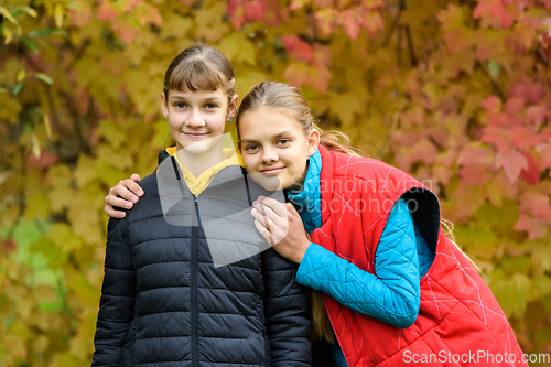 Image of Portrait of two girls of Slavic appearance in casual autumn clothes against the background of an autumn forest