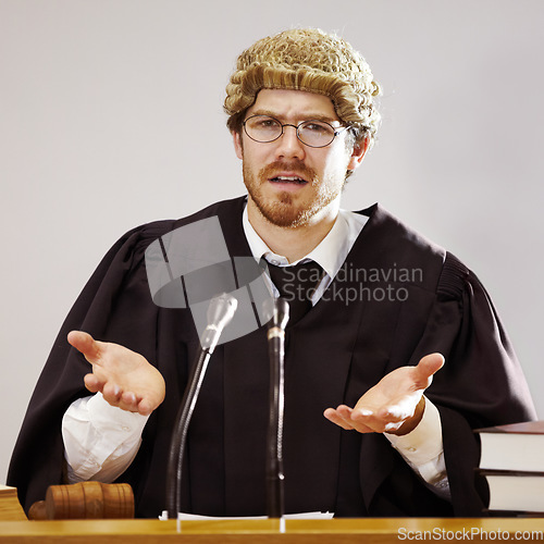 Image of Legal, doubt and a judge man in court asking a question about trial evidence for a crime verdict. Law, justice and glasses with a confused lord justice listening to proof or testimony for a case
