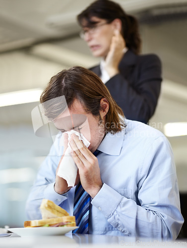 Image of Businessman, nose blow or office colleague disgusted or sick allergies, flu symptoms or sinusitis at lunch. Male person, woman or job tissue or cold sneeze hygiene, hay fever allergy or virus germs