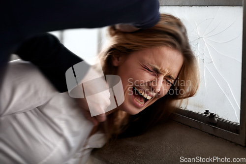 Image of Woman, crying and abuse with physical assault, screaming and criminal with hands, conflict and fight. Toxic relationship, harassment and window for problem, aggressive and domestic violence attack
