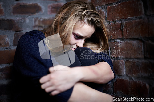 Image of Abuse, anxiety and woman on the floor, fear and domestic violence with addiction, stress and depression. Person, girl and victim on the ground, scared and crisis with horror, conflict and burnout