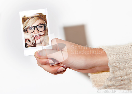 Image of Hand, photograph of a woman with a finger mustache and print in studio isolated on a white background. Face, photo booth picture and a young person closeup at a party or event for celebration