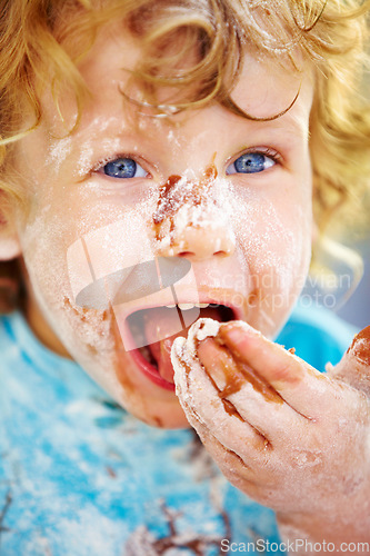 Image of Face, baking and a boy eating ingredients in the kitchen of his home while learning about food closeup. Happy, recipe and flour with a young child tasting sugar while cooking sweet, candy or dessert