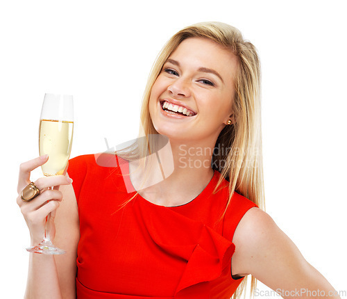 Image of Portrait, champagne and toast with a woman in red isolated on white background at an event, party or gala. Face, success and alcohol glass with the smile of a happy young person celebrating in studio