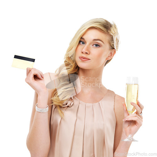 Image of Champagne, drink and portrait of woman with credit card or debit payment in nightclub or white background. Luxury, banking and model waiting to pay in club, event or party with alcohol or cocktail