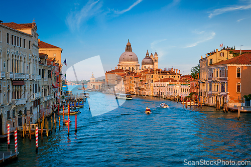 Image of Panorama of Venice Grand Canal and Santa Maria della Salute church on sunset