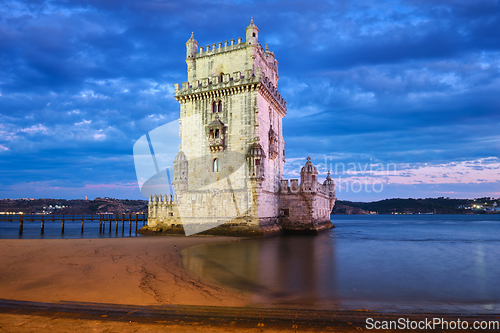 Image of Belem Tower on the bank of the Tagus River in twilight. Lisbon, Portugal